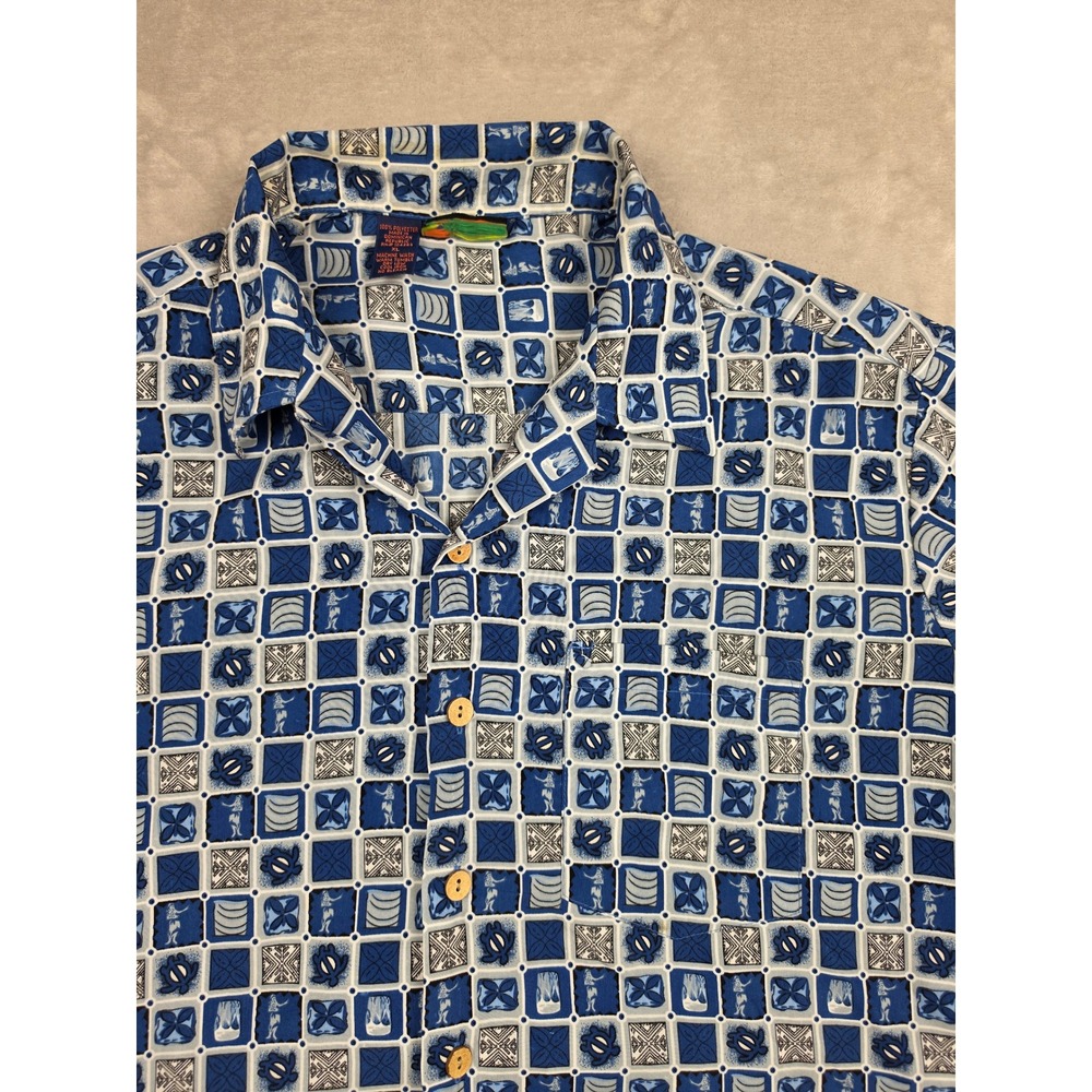 Roundy Bay Button Up Shirt Men XL Blue Geometric Tribal Turtle Tropical Hawaiian